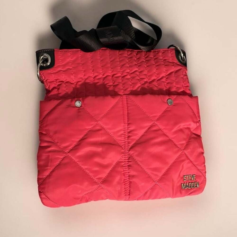 Steve Madden Hot Pink Quilted Nylon Crossbody Bag with Black Logo Strap
